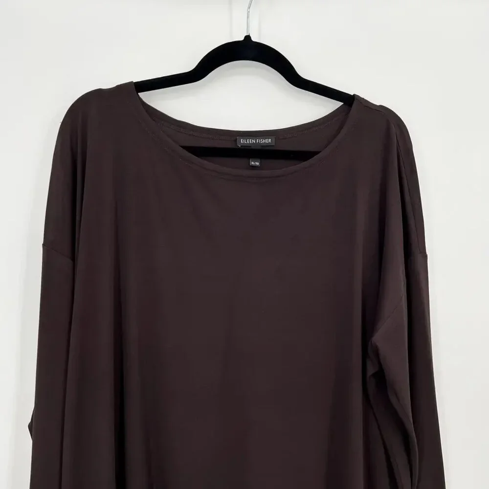 Eileen Fisher 100% Silk Sheer Hem Bateau Neck Tunic Top Brown XL - Picture 4 of 9